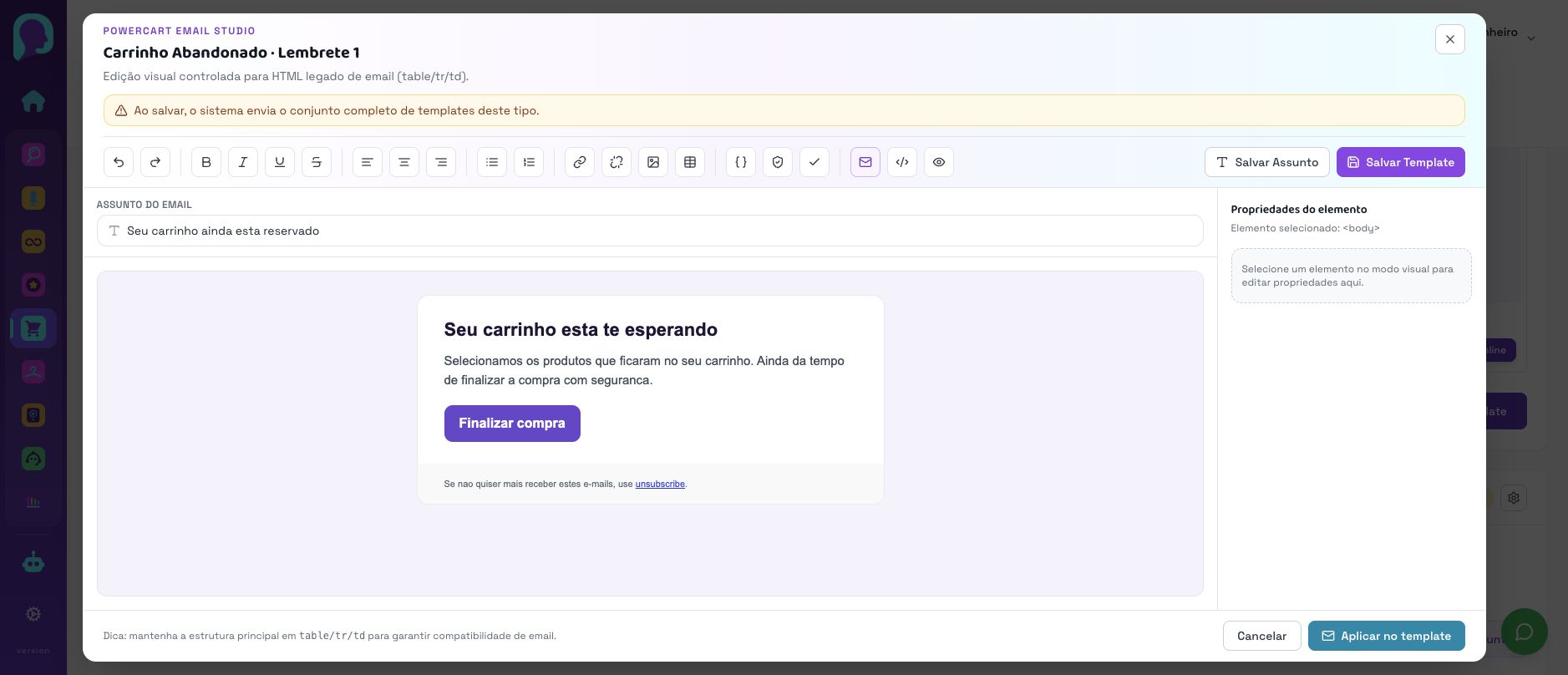 Editor visual atual do PowerCart para configuração de links