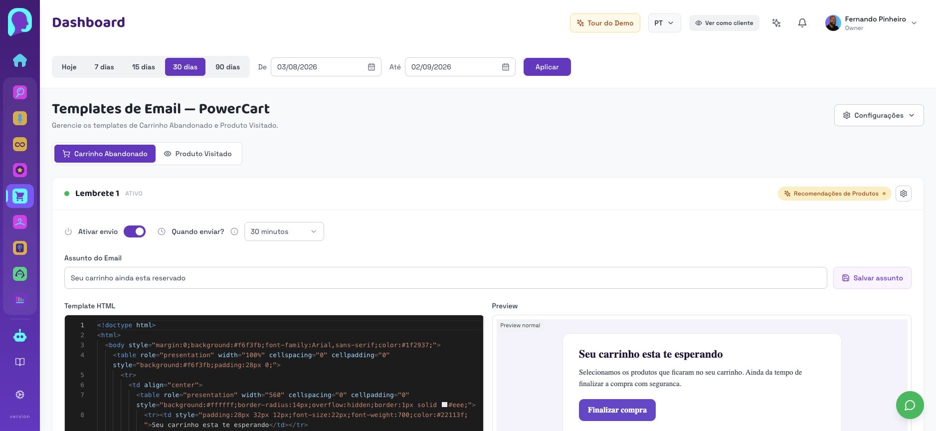 Tela atual de Templates com a sequência de lembretes do PowerCart