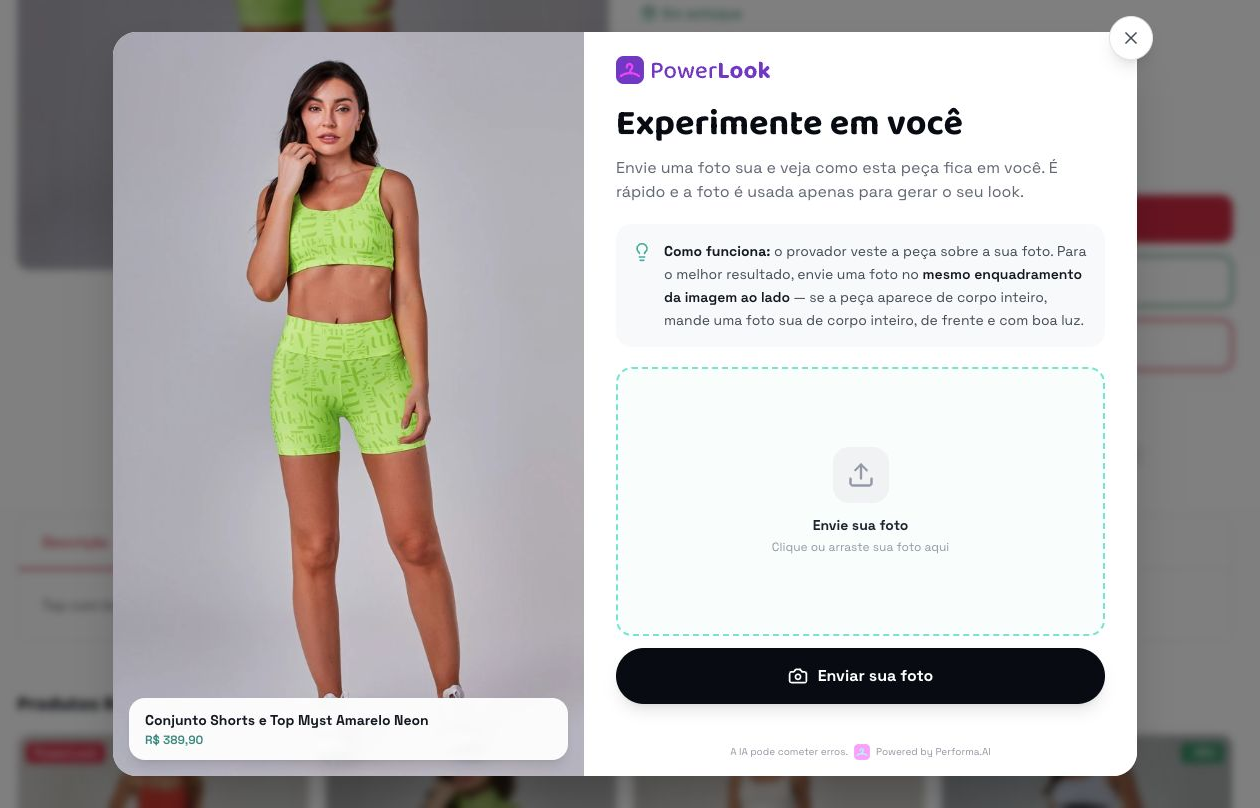 Modal real do PowerLook aberto em uma página de produto