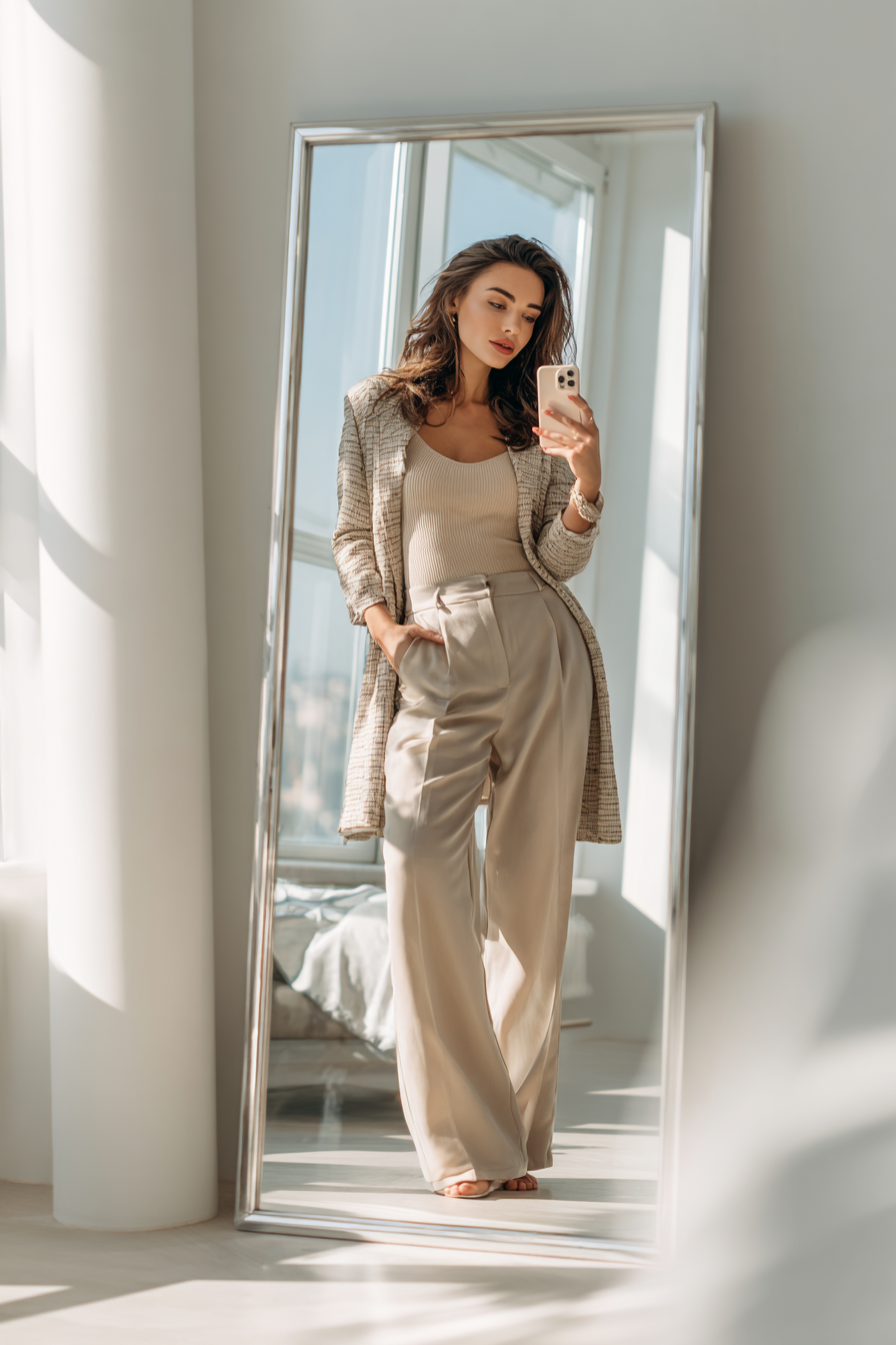 Mulher com roupa casual elegante em frente ao espelho