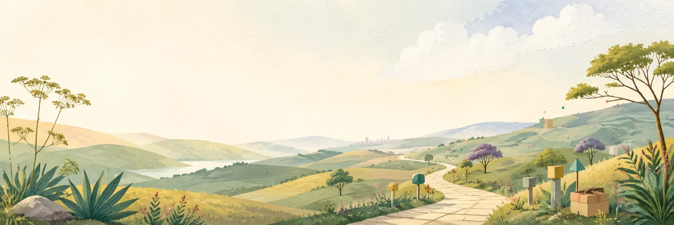 Paisagem ilustrada representando uma jornada guiada até melhores resultados