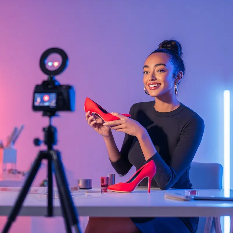 Dona de loja de moda gravando conteúdo para a própria marca