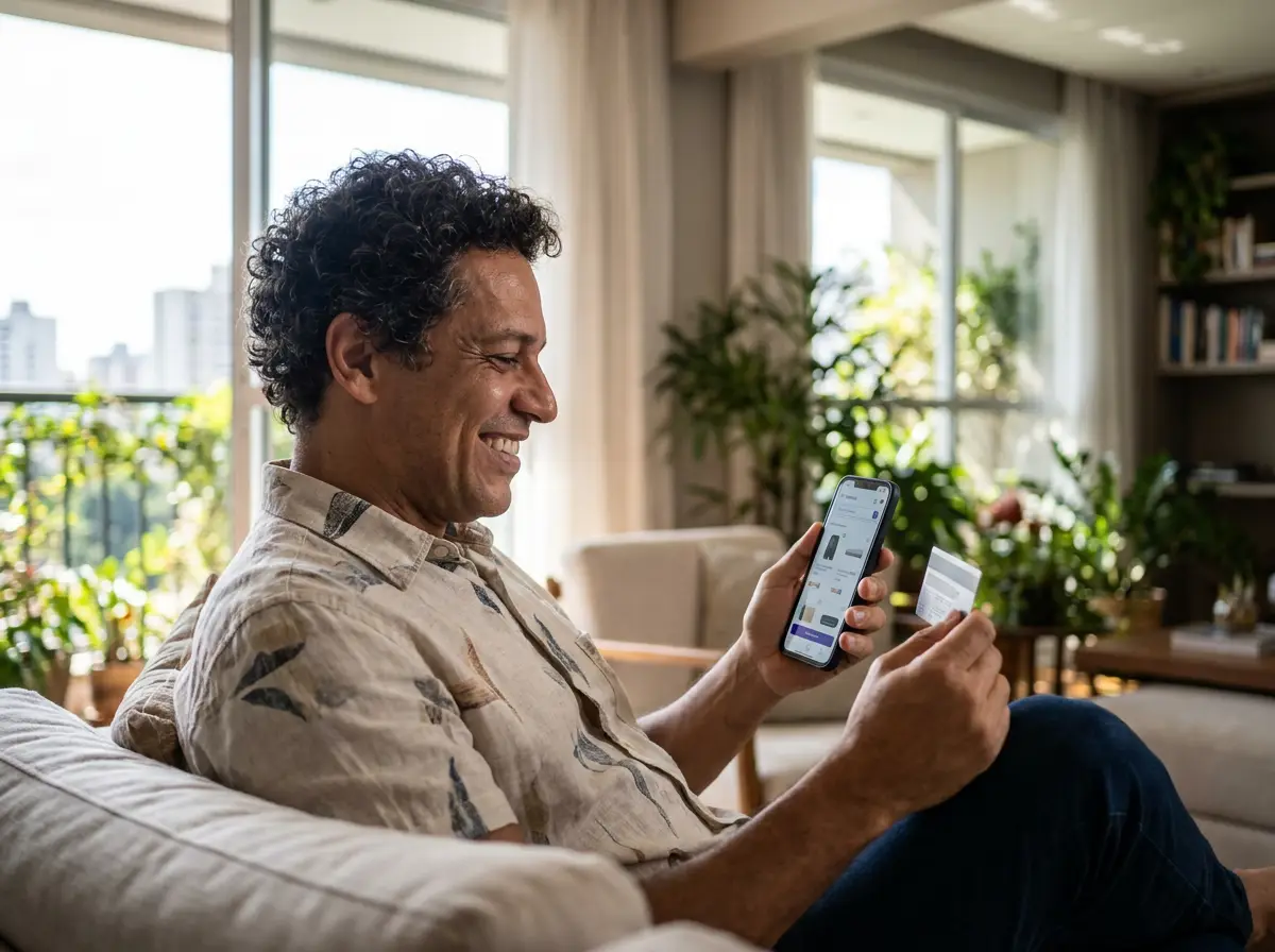 Cliente comprando pelo celular com cartão na mão