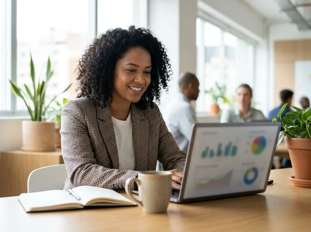 Gestora de e-commerce acompanhando vendas no notebook