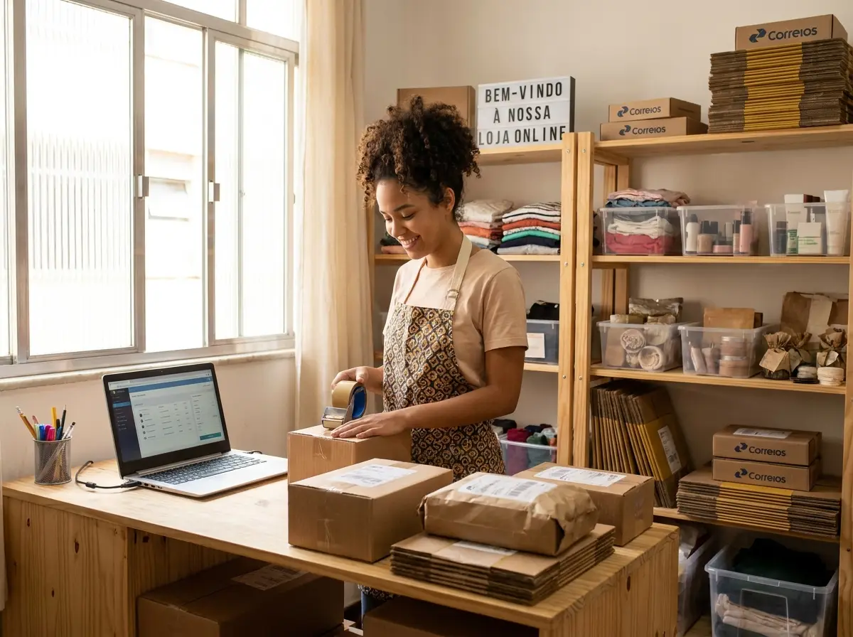 Pequena operação de e-commerce preparando pedidos